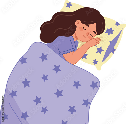 Sleeping girl under purple starry blanket resting peacefully in cozy bed vector illustration