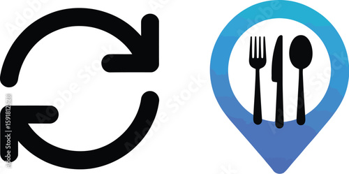 Restaurant Location Refresh Icon Circular Arrows and Blue Pin with Cutlery