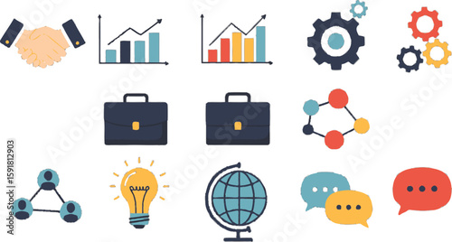 Vector art of a collection of business icons representing teamwork, growth, communication, and global strategy isolated on transparent background