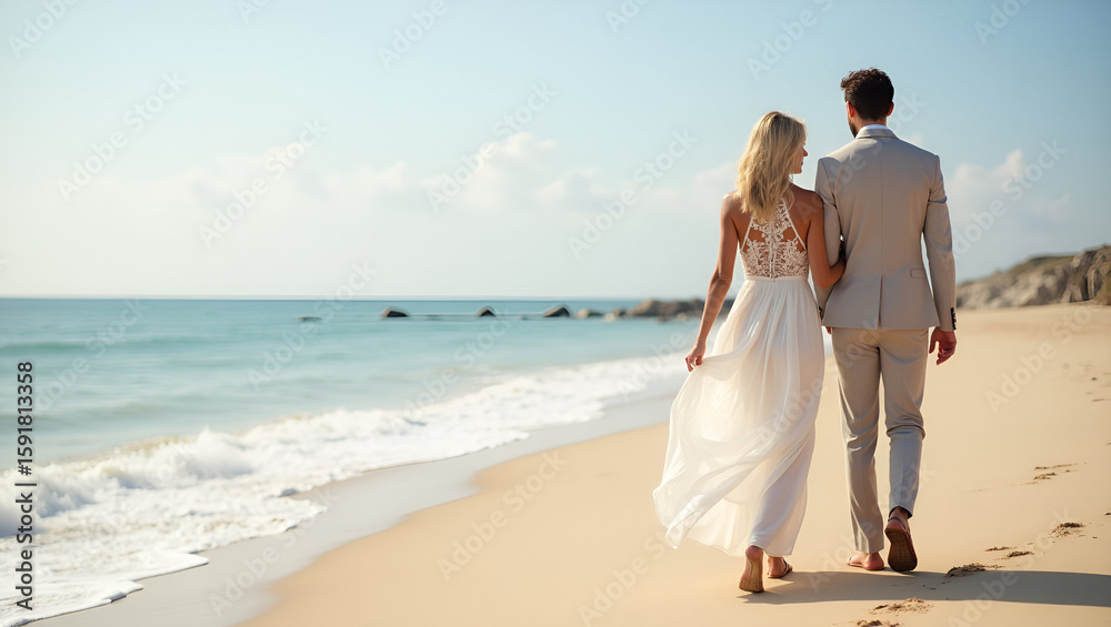 Elegant Destination Wedding Attire: Lightweight Chiffon Gown & Linen Suit on Sandy Beach - Perfect for Your Wedding Photo Stock Elegant Destination Wedding Attire: Lightweight Chiffon Gown & Linen Suit on Sandy Beach - Perfect for Your Wedding Photo Stock