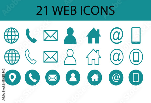Minimal Web Icons Set – Flat, Stroke, and Circular Style – Contact, Home, User, Email, Phone, Location, Internet – Black and White, Generative Ai

