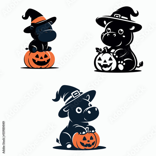 baby hippo wear witch hat and sitting on jack o pumpkin. Halloween Spooky Scary Trick or Treat Haunted Ghost Clipart Line Art Vector Illustration. Little garb sorceress headgear atop gourd.