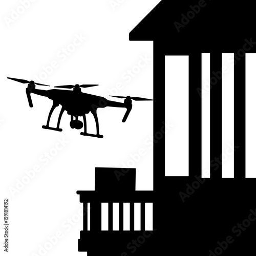 Silhouette drone delivering box to balcony – Aerial transport, contactless logistics