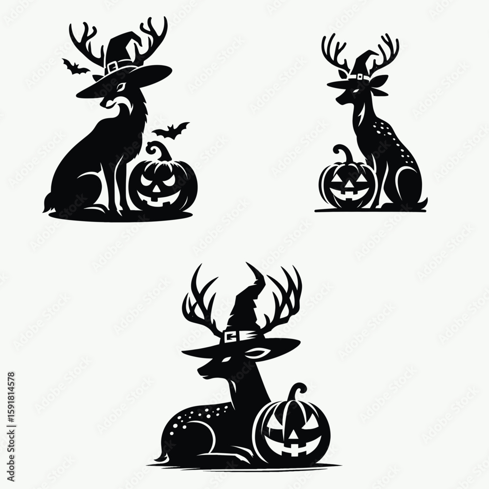 Fototapeta premium Deer wear witch hat and sitting on jack o pumpkin. Halloween Spooky Scary Trick or Treat Haunted Ghost Clipart Line Art Vector Illustration. Woodland creature in pointy cap perched atop.