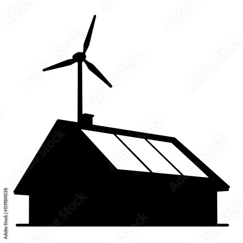 Silhouette of rooftop with solar panels and wind turbine – Renewable energy choice, modern home