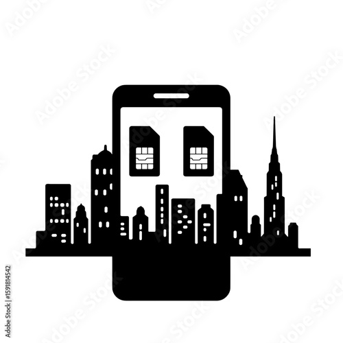 Silhouette of phone with dual SIM icon above city skyline – Urban connectivity, mobile versatility