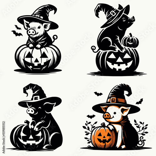 Pig wear witch hat and sitting on jack o pumpkin. Halloween Spooky Scary Trick or Treat Haunted Ghost Clipart Line Art Vector Illustration. Swine in costume headgear resting atop carved.
