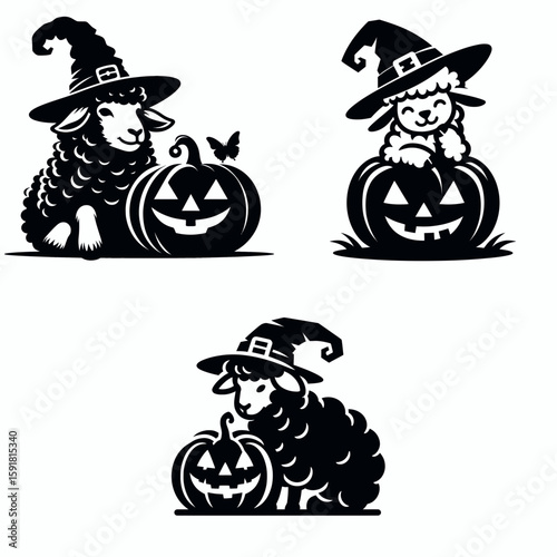 Sheep wear witch hat and sitting on jack o pumpkin. Halloween Spooky Scary Trick or Treat Haunted Ghost Clipart Line Art Vector Illustration. Wooly farm animal in pointy costume atop carved.