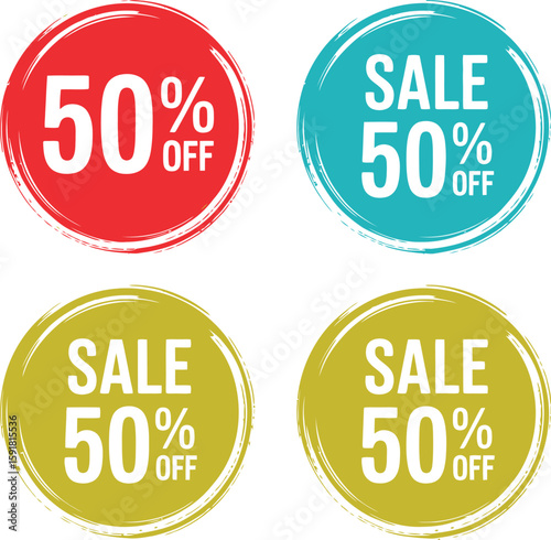Four Colorful 50% Off Sale Badges, Circular Design