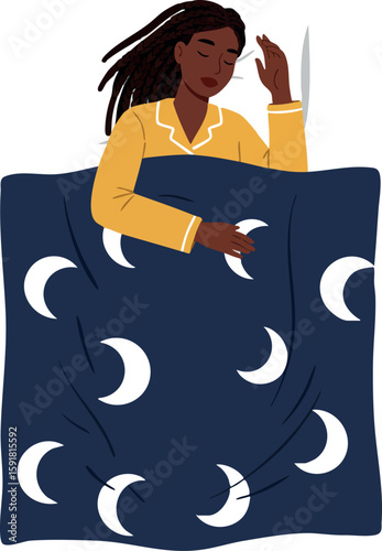 Woman Sleeping Peacefully in Yellow Pajamas with Moon Patterned Blanket Comfortably Resting