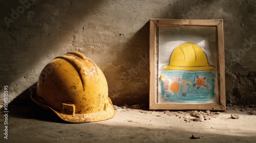 Construction hard hat next to a child's drawing