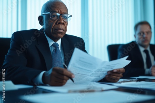 Senior executive evaluates financial losses during crucial board meeting with colleagues