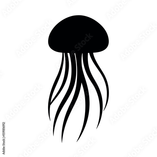 Floating jellyfish with long trailing tentacles Line Art Vector illustration