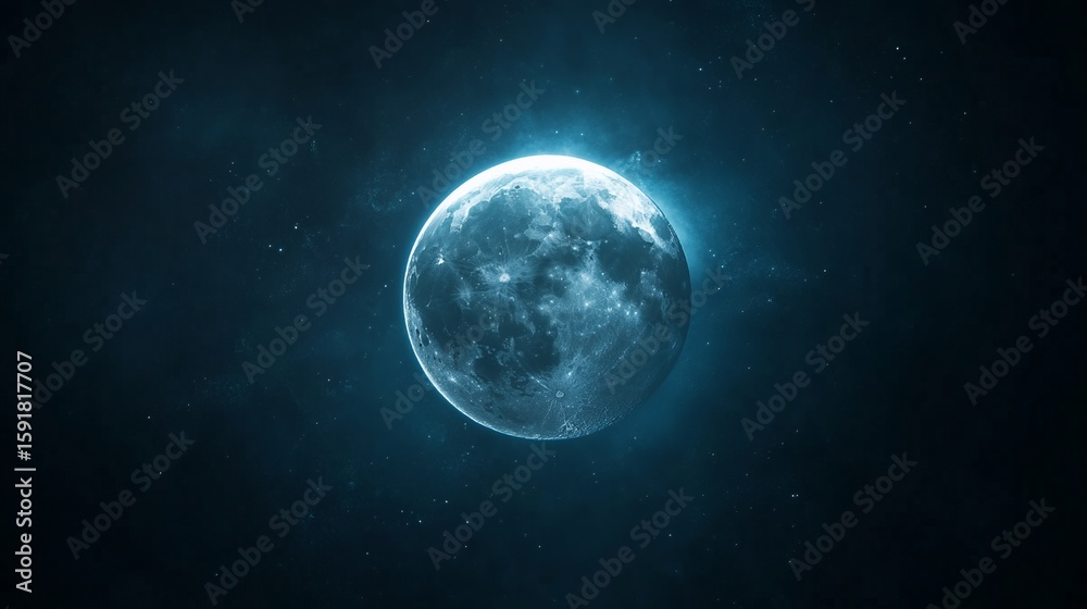 Fototapeta premium Full Moon Shining Brightly in Dark Outer Space Background with Stars