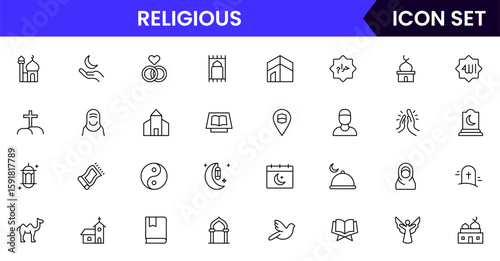 Religious vector web line icon collection, sleek illustrations of symbols, prayers, sacred texts, worship for spiritual, reverent designs.