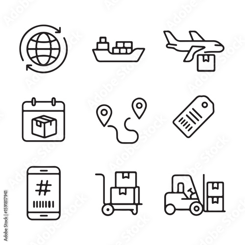 Logistics icons featuring global shipping, cargo ship, air freight, delivery calendar, route tracking, shipping label, tracking number, handcart transport, and forklift loading

