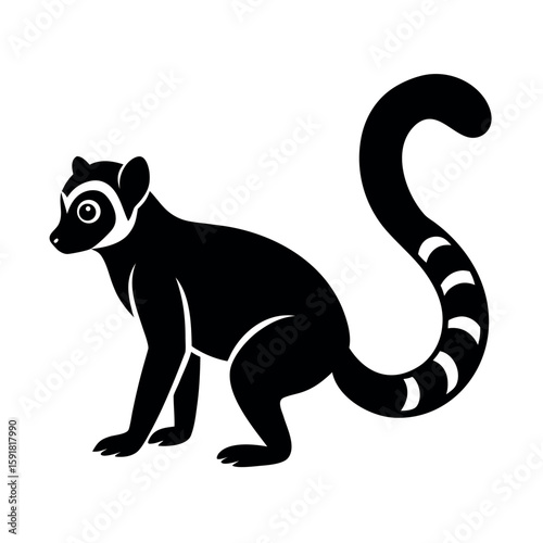 Playful lemur with long striped tail Line Art Vector illustration