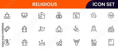 Religious vector web line icon collection, sleek illustrations of symbols, prayers, sacred texts, worship for spiritual, reverent designs.