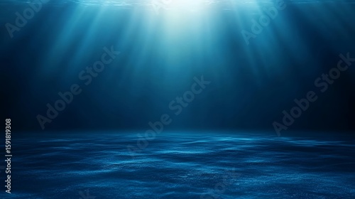 Underwater Scene with Sunlight Beams Streaming Through Deep Blue Ocean