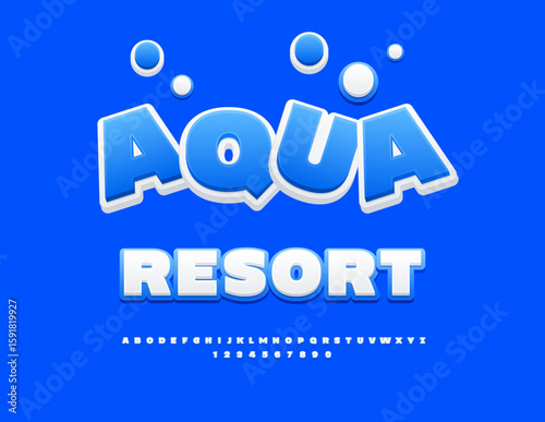 Vector Playful Promotion Aqua Resort. Bright White and Blue Font. Cool Alphabet Letters and Numbers set. 
