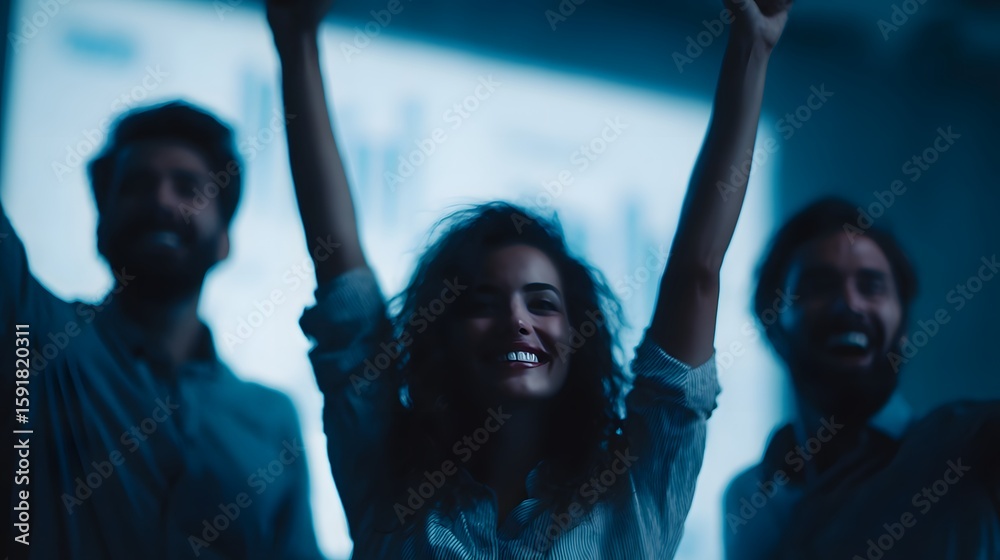 Obraz premium Excited team celebrates campaign success with data visualizations in the background