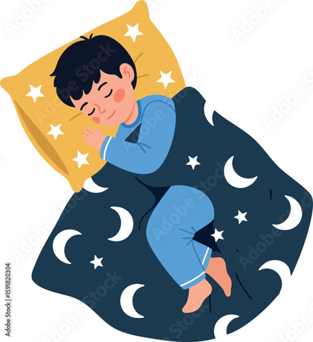 Sleeping child covered with moon and star patterned blanket on yellow pillow vector illustration