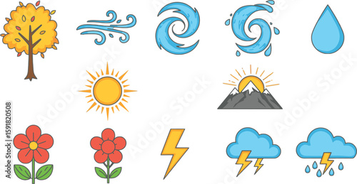 Vector art of collection of nature icons representing trees, wind, water, sun, mountains, flowers, lightning, and clouds isolated on transparent background