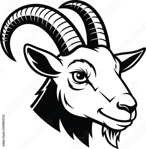 The detailed black and white vector graphic portrays a noble goat head with majestic horns on a white background.