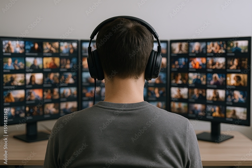 Fototapeta premium Young man watching multiple computer screens with video call images in a dark room.