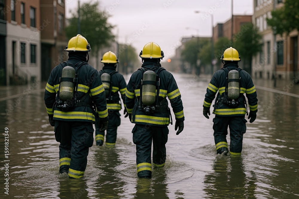 Fototapeta premium Firefighters in protective gear walking through flooded urban street during emergency response.