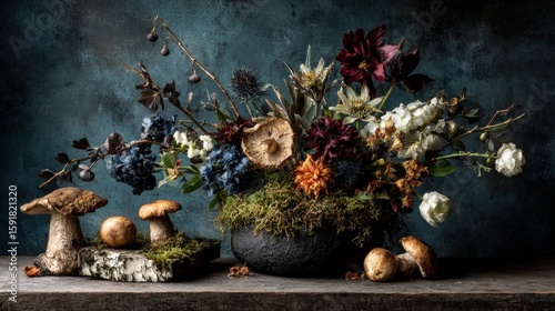 Moody Botanical Still Life with Mushrooms