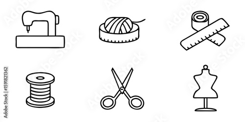 Sewing tools and accessories including sewing machine, scissors, yarn  