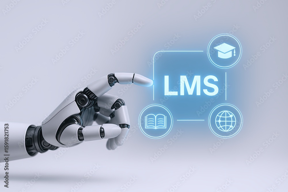 Naklejka premium Modern robotic hand interacting with digital LMS education platform interface.