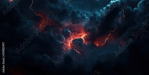Dark, stormy sky with lightning, thunder, and dark clouds. Storm background banner design, ultra-realistic