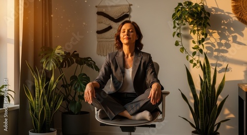 Mindful Meditation Break Woman in Business Suit Finding Inner Peace at Home (70 characters)