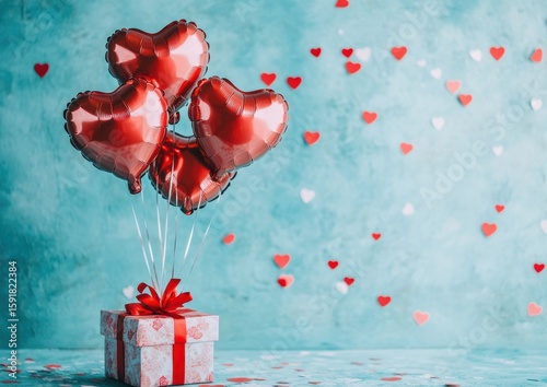 Valentine's Day background with heart-shaped balloons, gift box, and confetti on a blue backdrop. Valentine's celebration concept