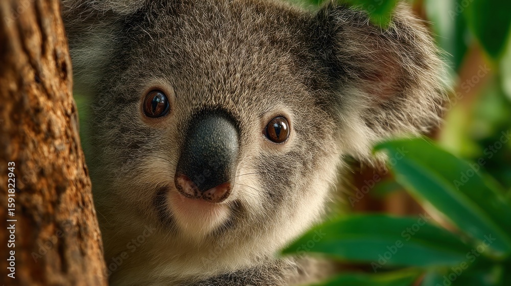 Fototapeta premium Adorable Australian koala bear portrait peering from behind tree trunk