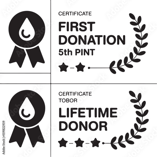 blood donation, blood drop, first donation, fifth pint, Blood Donation Icons and Badges Set with First Donation and Lifetime Donor Symbols in Black and White