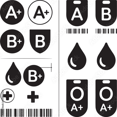 Silhouette Icons of Blood Types A+, B+, AB+, and O+ with Barcode and Drop Symbols for Medical and Donation Designs

