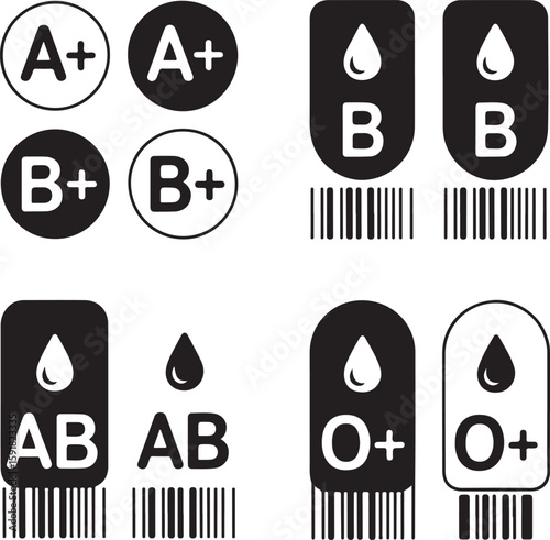 Silhouette Icons of Blood Types A+, B+, AB+, and O+ with Barcode and Drop Symbols for Medical and Donation Designs

