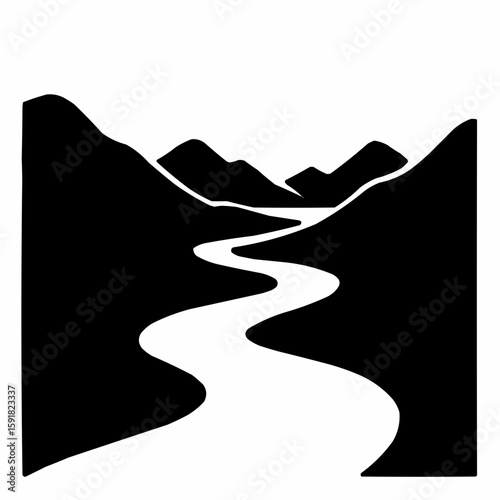 Black and white road winding through a mountain landscape at sunset