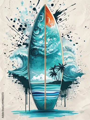 Colorful surfboard with ocean waves and palm trees in vibrant design  