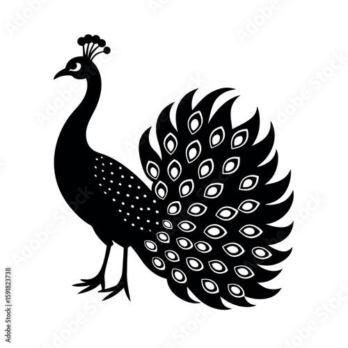 Peacock standing with its plumage folded Line Art Vector illustration