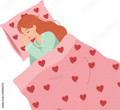 Woman sleeping peacefully in pink heart patterned blanket and pillow vector illustration