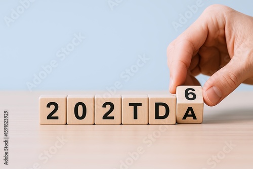 Hand arranging wooden blocks with alphanumeric characters on light surface.