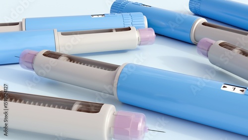 A 3d rendering of pre-filled GLP-1 receptor agonist pens, used for the treatment of type 2 diabetes or for weight management. It's disposable or multi-dose reusable pen.