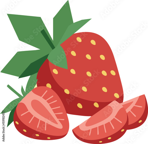 Strawberry fruit with green leaves and sliced pieces vector illustration in flat style