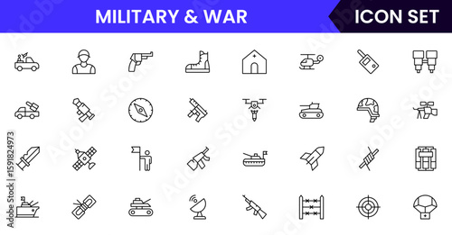 Military and War vector web line icon collection, sleek illustrations of tanks, medals, shields, strategy for bold, tactical designs.