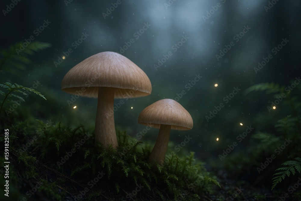 Fototapeta premium Mystical forest scene with large mushrooms moss ferns fog and glowing fireflies at night.