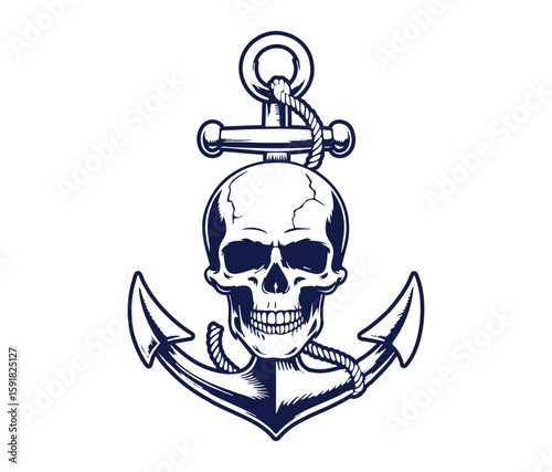 nautical logo vector illustration, old english anchor with skull graphic design
